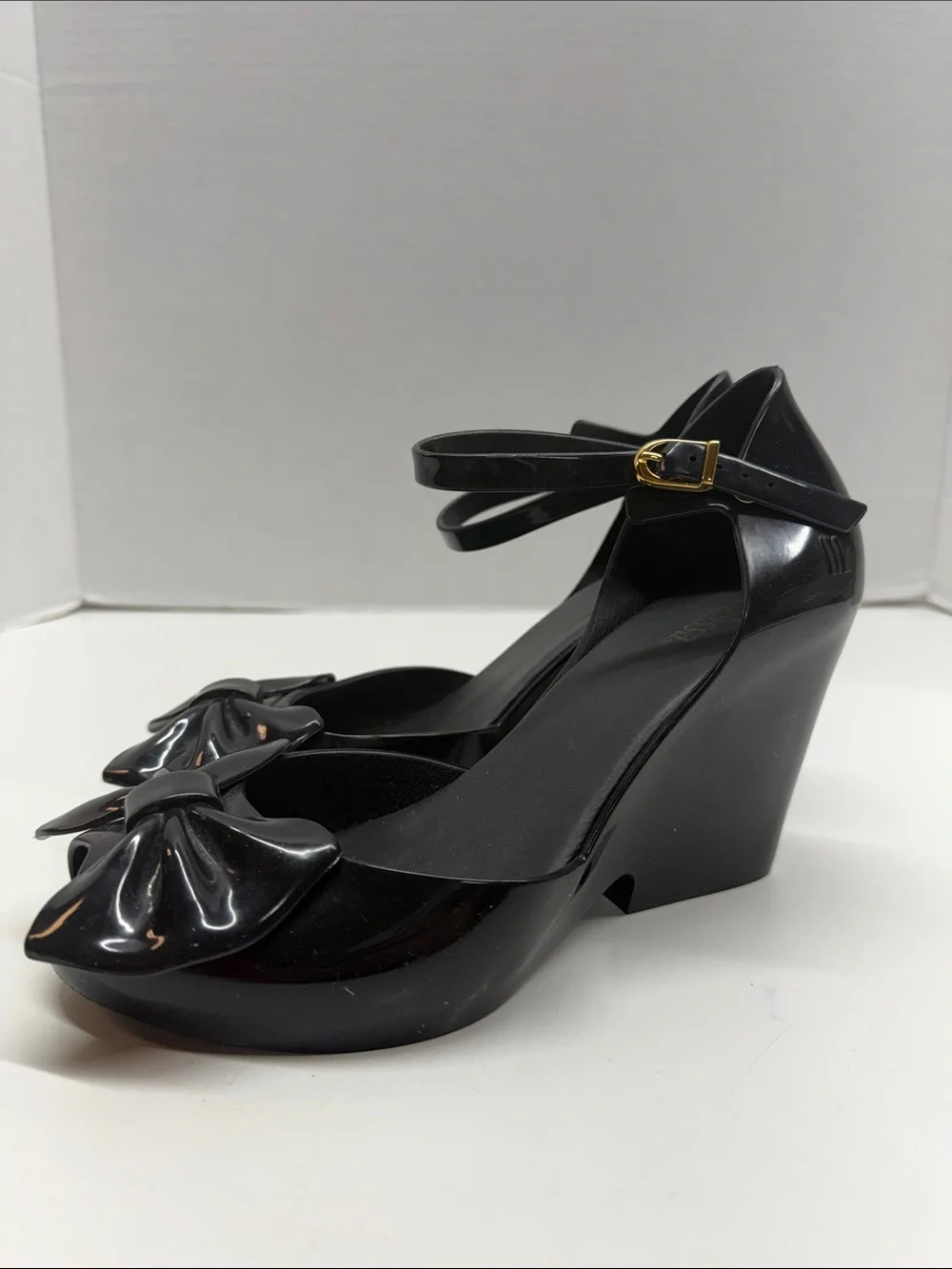 Melissa Lady Love III Heels Wedges Shoes Bow Peep Toe PVC Shiny Black Size 6